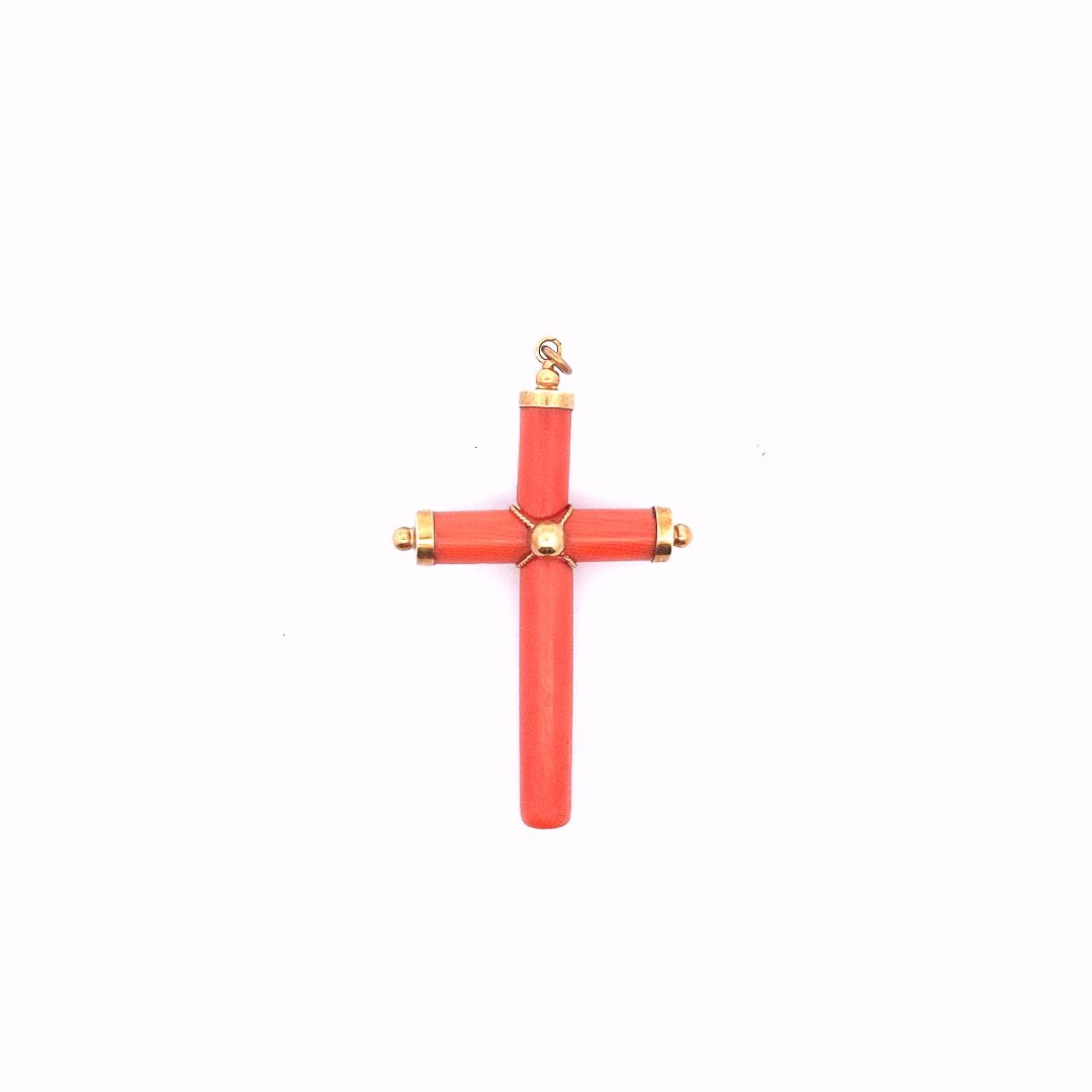 Antique $600 18K Gold Natural Coral & Pearl Cross Pendant