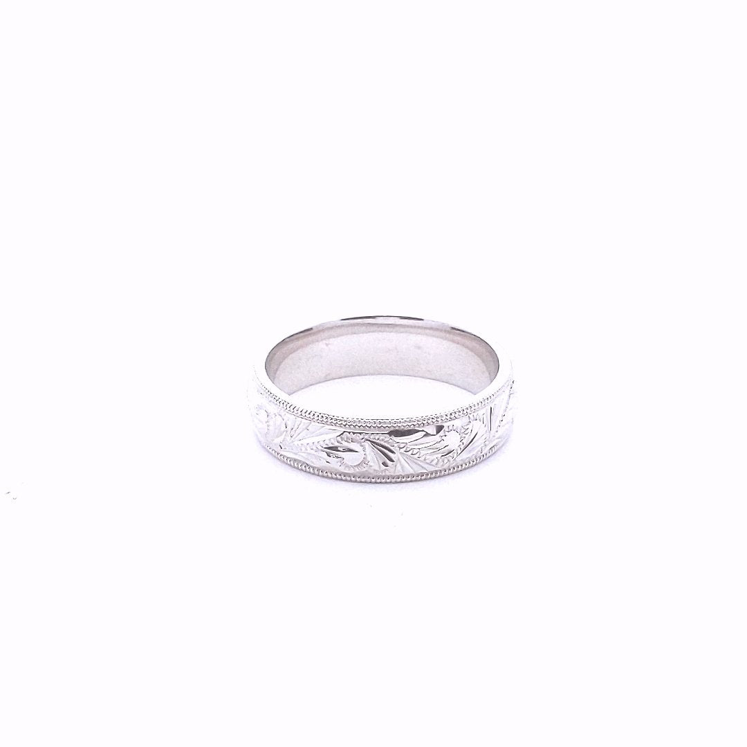 Estate $940 14K White Gold Carved Milgrain Edge Wedding Band Ring