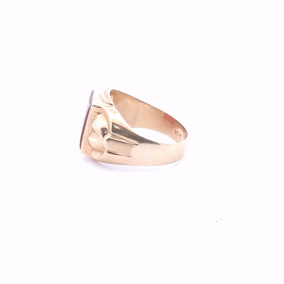 Vintage $390 10K Yellow Gold Retro Carnelian Mens Ring