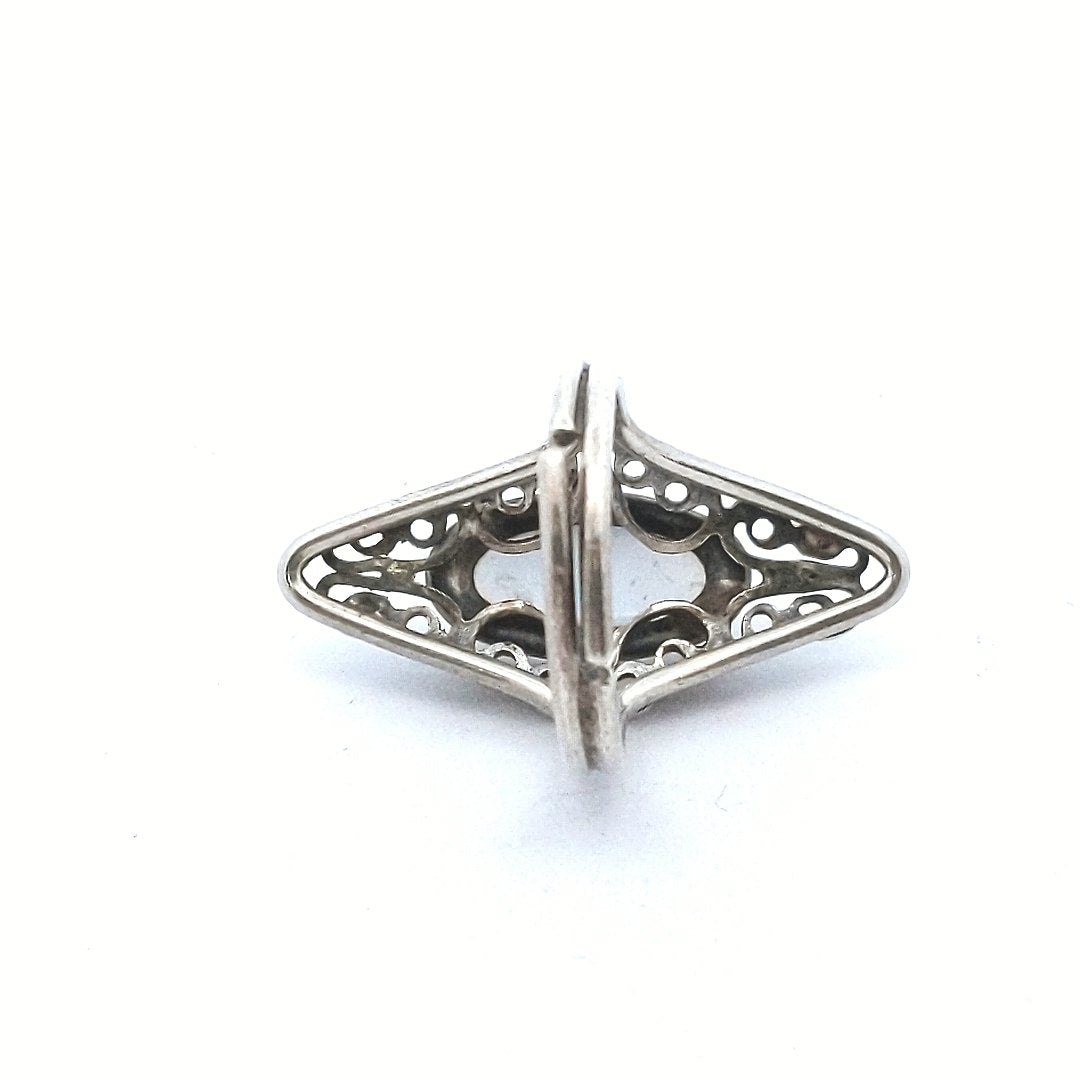 Vintage Beau Sterling Silver Filigree Adjustable Ring with Oval Moonstone