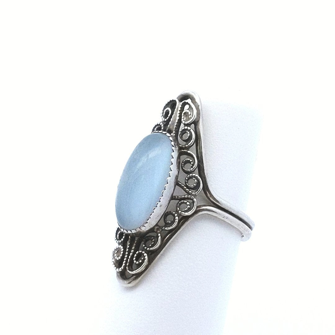 Vintage Beau Sterling Silver Filigree Adjustable Ring with Oval Moonstone