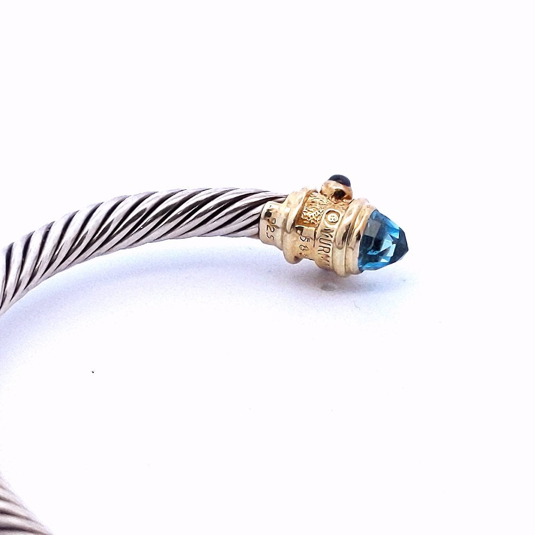 Designer David Yurman Sterling Silver 14K Gold Cable Blue Topaz Bangle