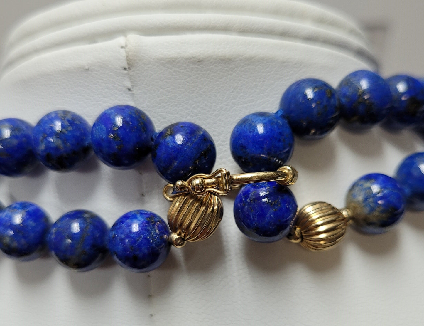 Vintage 14K Yellow Gold Lapis Lazuli Fluted Gold Bead Necklace