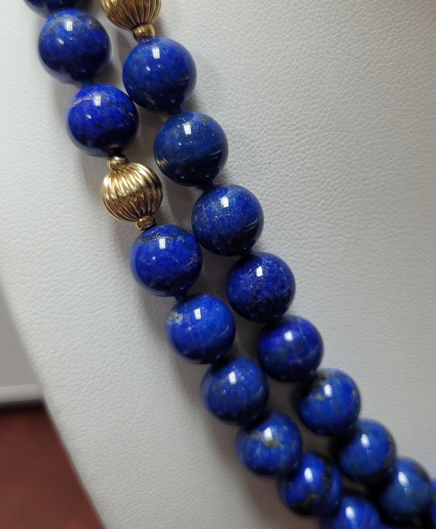 Vintage 14K Yellow Gold Lapis Lazuli Fluted Gold Bead Necklace