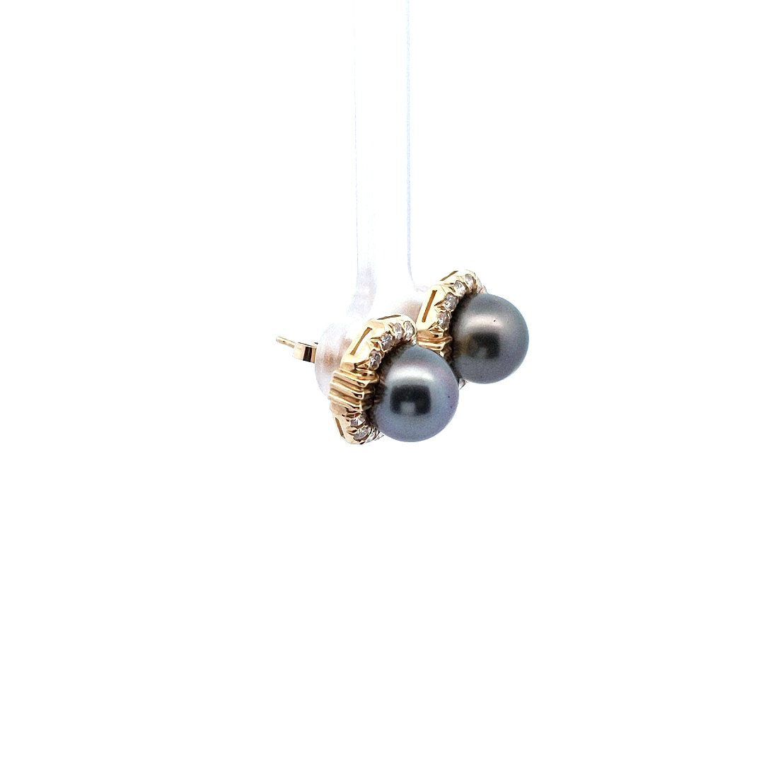Vintage 14K Yellow Gold Tahitian Cultured Pearl Diamond Earrings