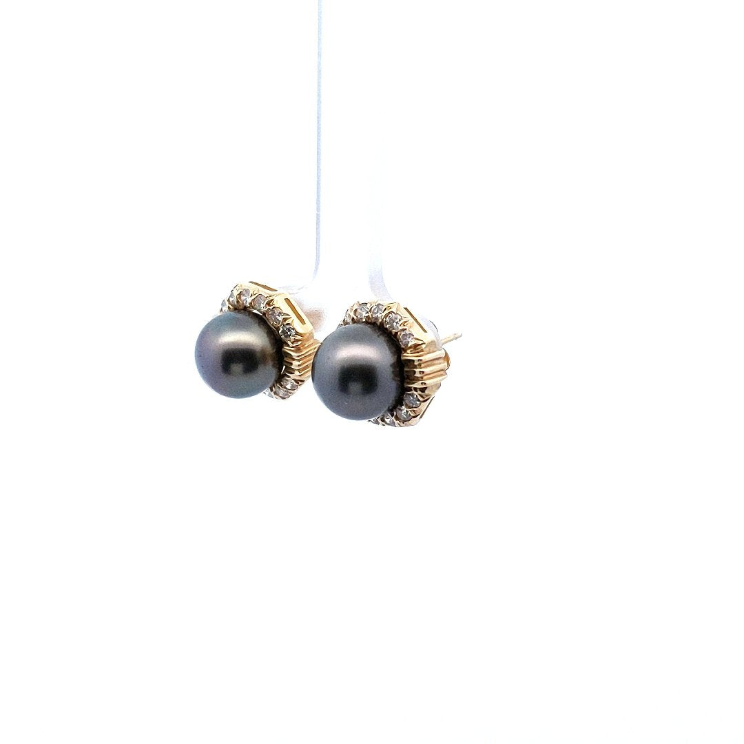 Vintage 14K Yellow Gold Tahitian Cultured Pearl Diamond Earrings