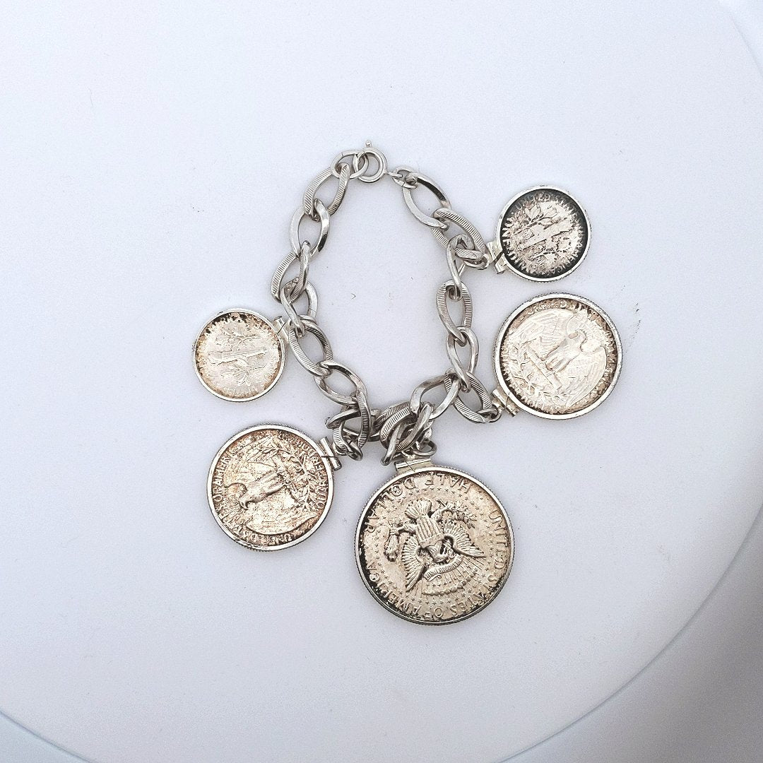 Vintage $190 Sterling Silver 90% Silver Quarter Half Dollar Dime Coin Bracelet