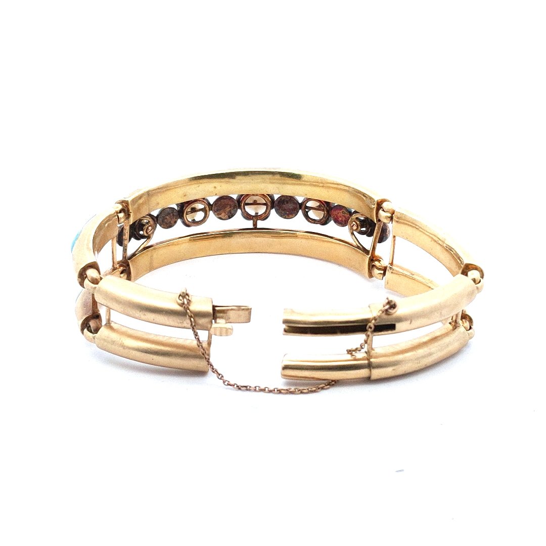 Antique 18K Yellow Gold Victorian Natural Pearl Diamond Enamel Bracelet