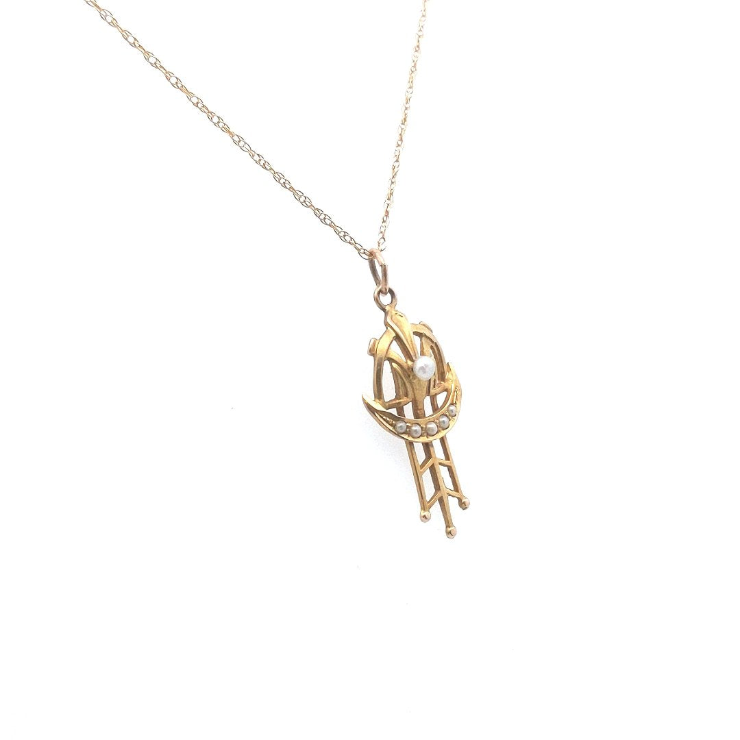 Antique $350 10K Yellow Gold Seed Pearl Pendant Necklace
