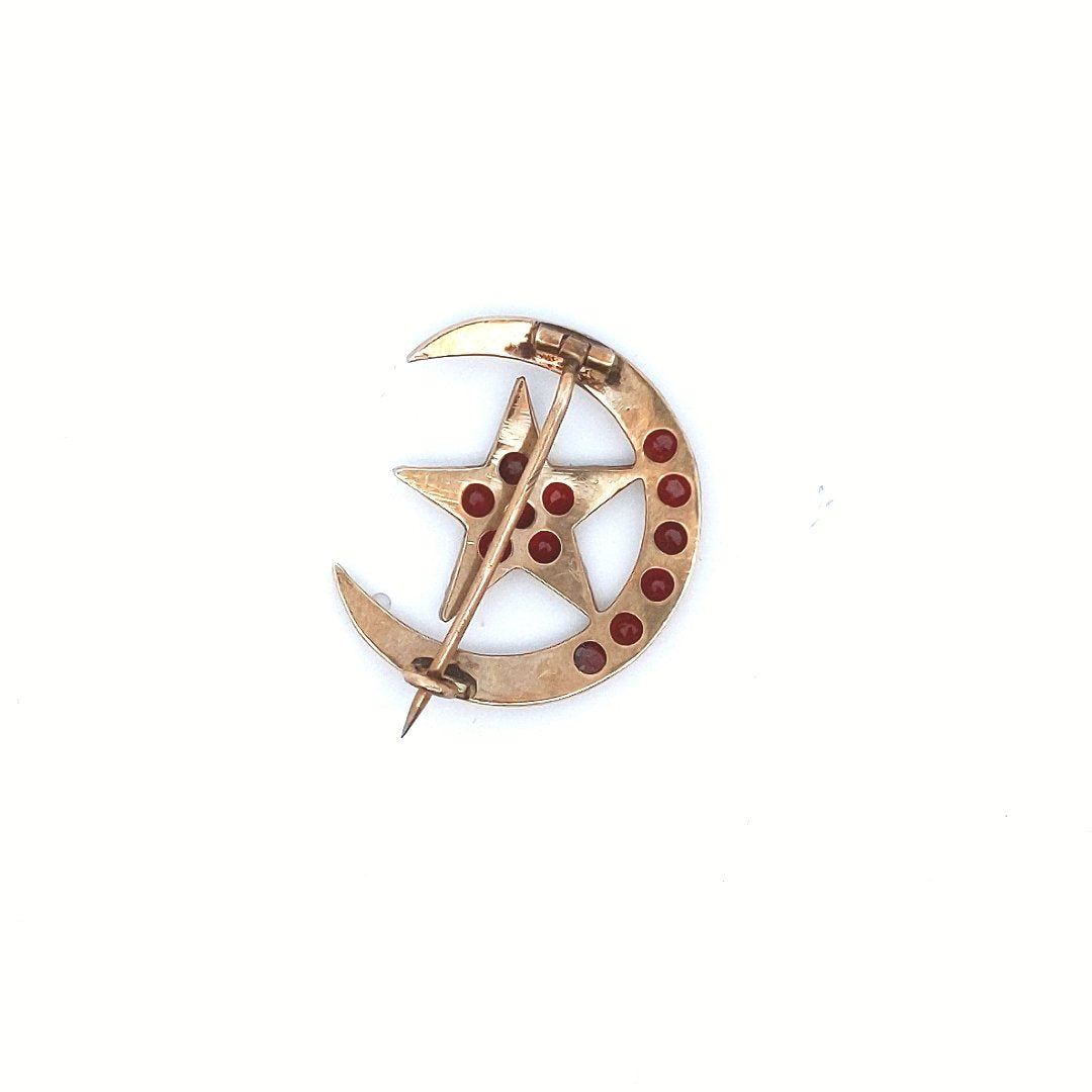 Antique $100 Base Metal Victorian Bohemian Garnet Moon & Star Brooch