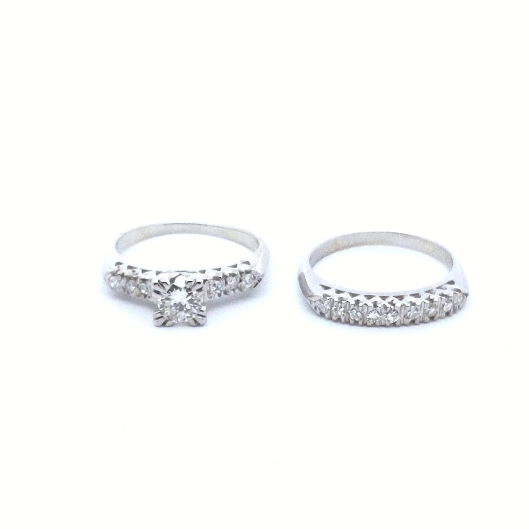 Vintage $1590 14K White Gold Diamond Engagement Ring Wedding Band Set