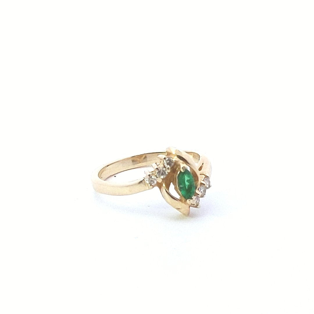 Vintage 14K Yellow Gold Marquise Emerald Diamond Bypass Ring