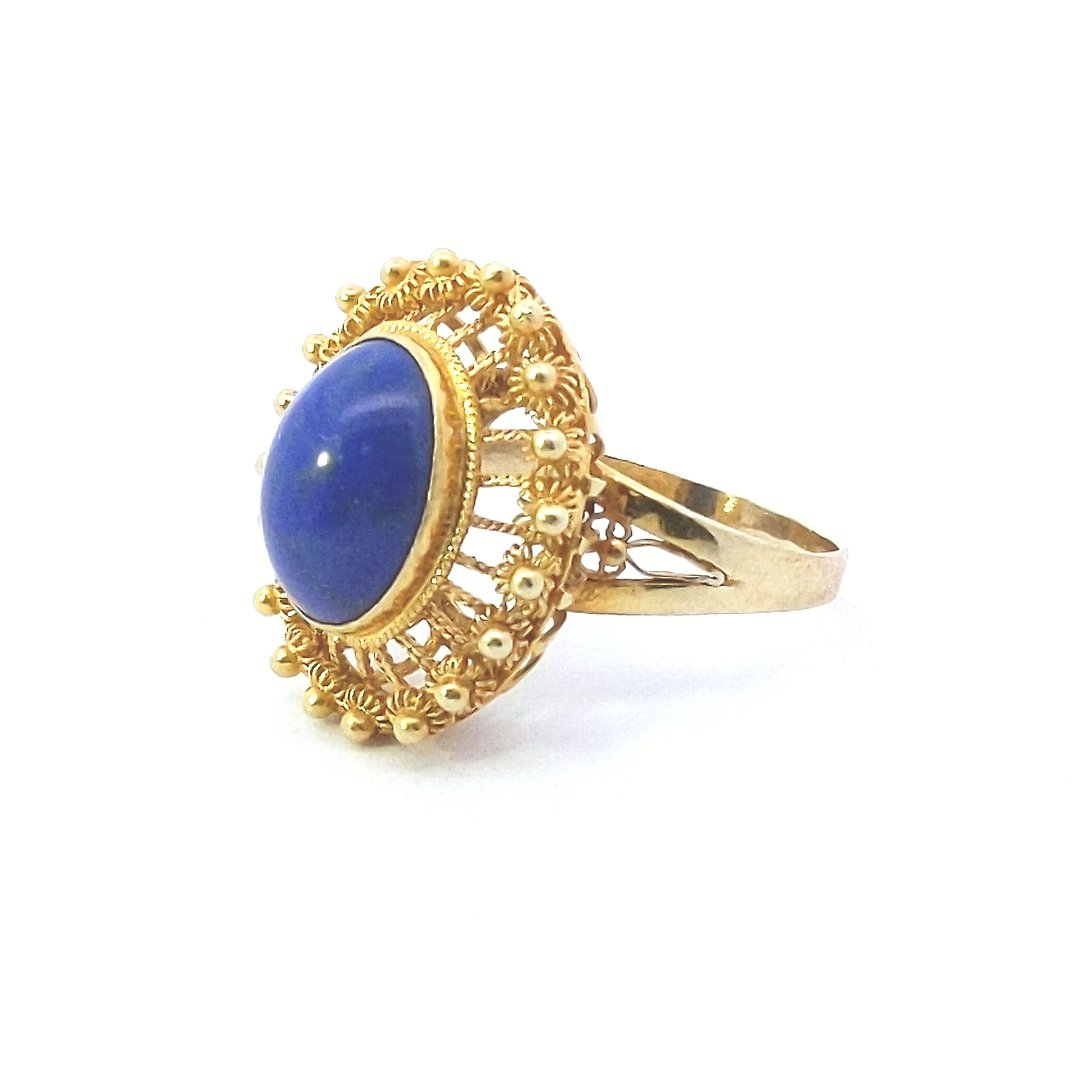 Vintage $700 14K Yellow Gold Oval Lapis Lazuli Wirework Ring