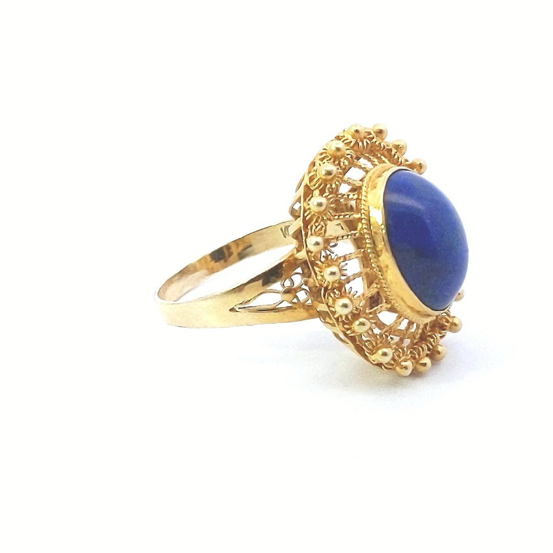 Vintage $700 14K Yellow Gold Oval Lapis Lazuli Wirework Ring