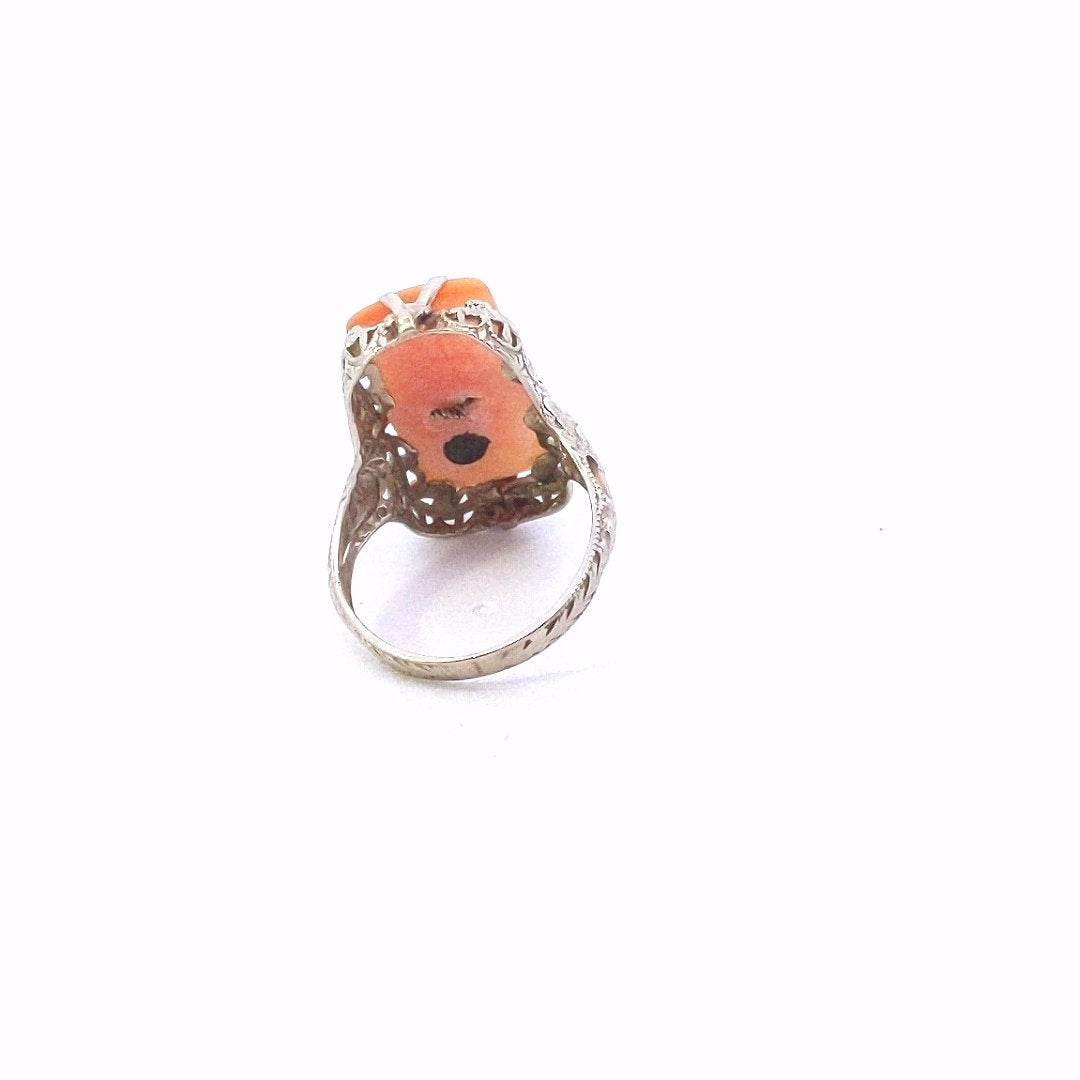 Antique $400 14K White Gold Edwardian FIligree Cameo Diamond Ring