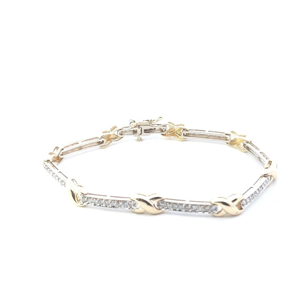Vintage $1800 14K Two Tone Gold Diamond Bar X Link Bracelet