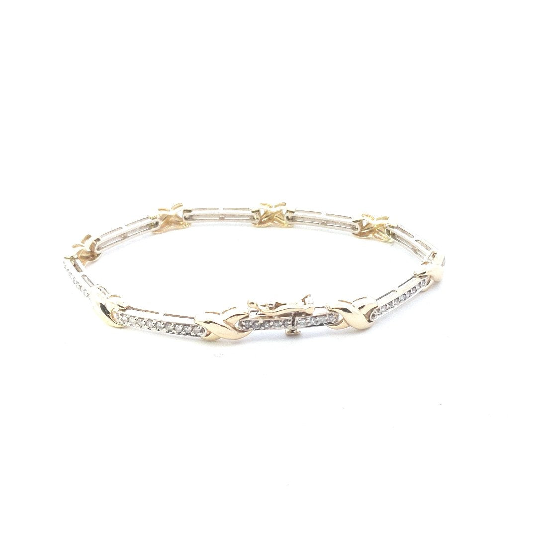 Vintage $1800 14K Two Tone Gold Diamond Bar X Link Bracelet
