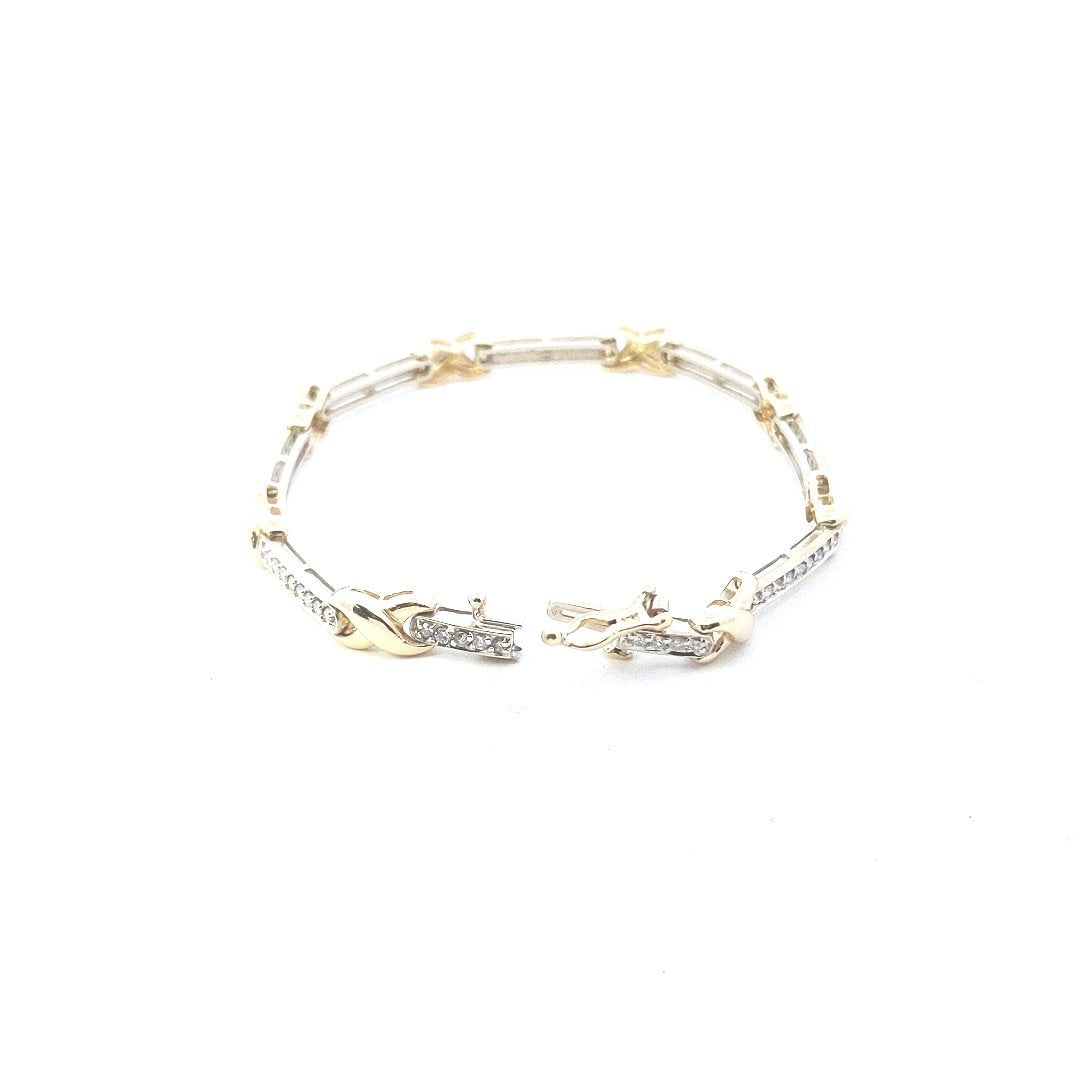 Vintage $1800 14K Two Tone Gold Diamond Bar X Link Bracelet