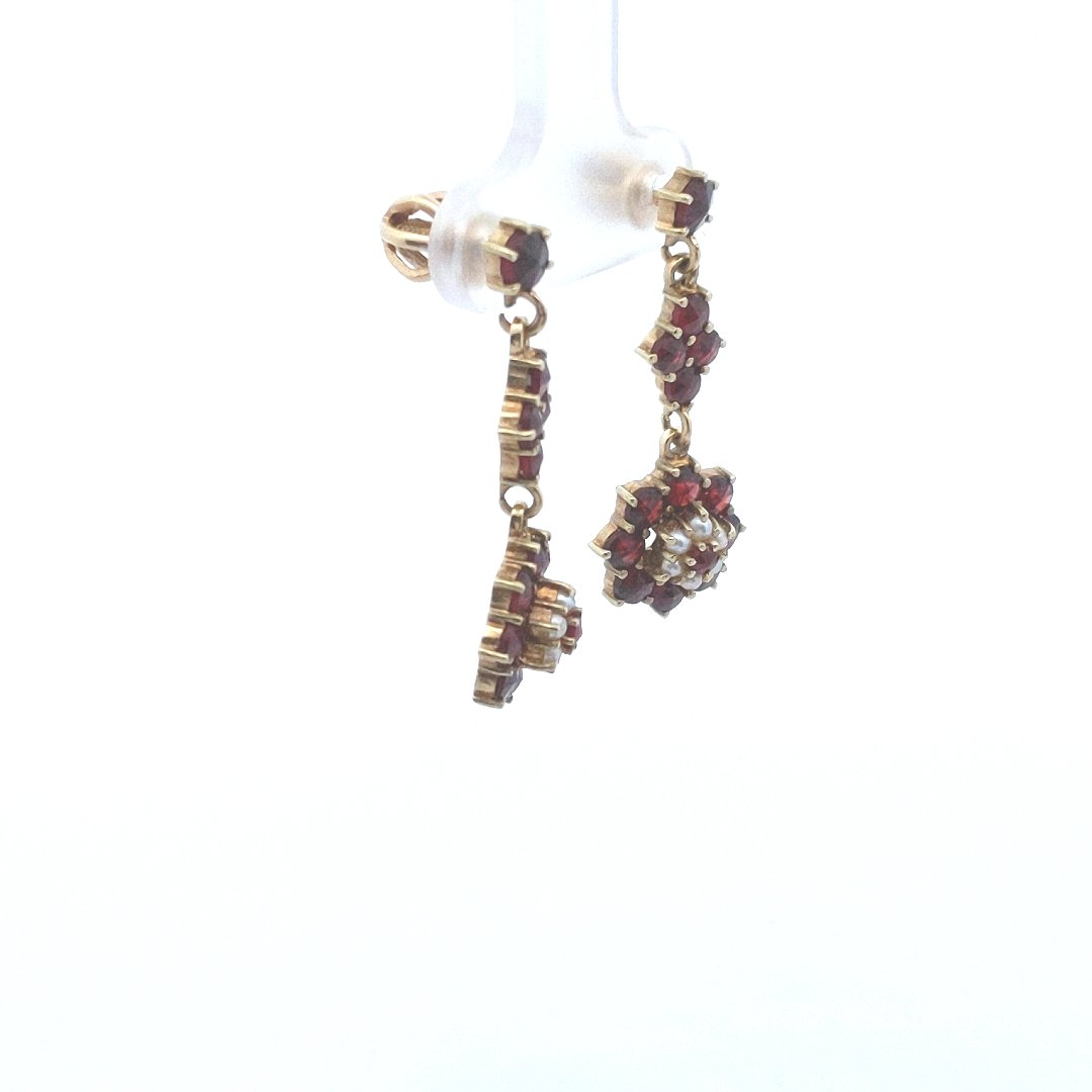 Vintage $640 18K Yellow Gold Bohemian Garnet Seed Pearl Drop Earrings