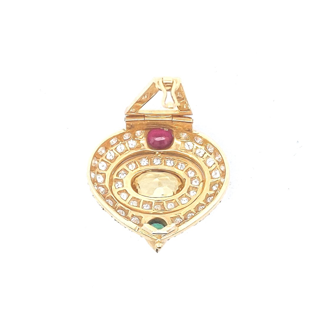 18K Gold Ruby Citrine Emerald Pave Set Diamond Slide Pendant