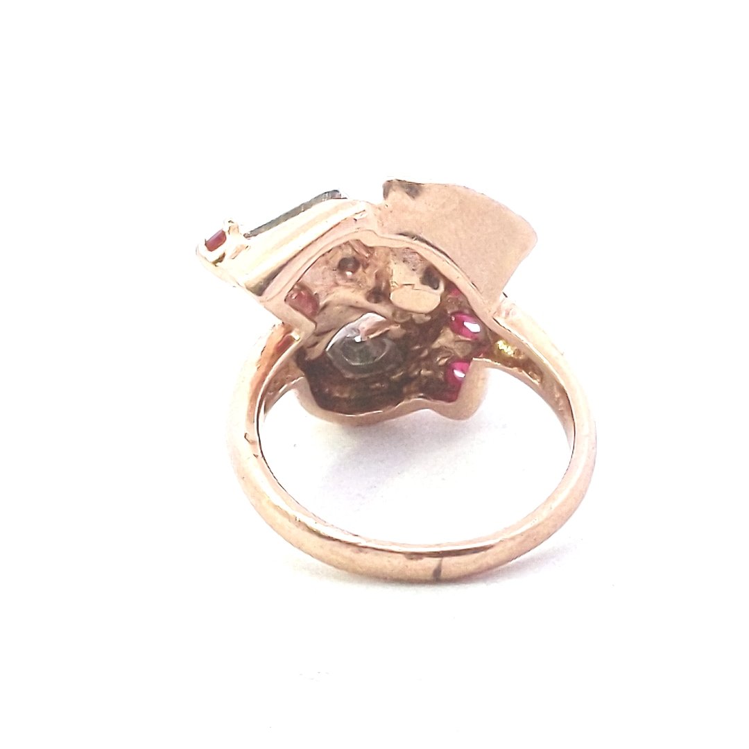Vintage $1200 14K Rose Gold Retro Natural Diamond Lab Created Ruby Cocktail Ring