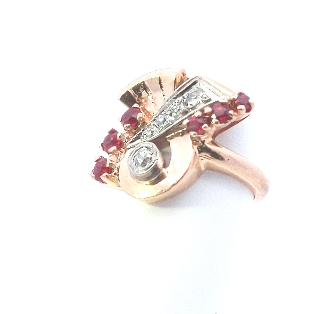 Vintage $1200 14K Rose Gold Retro Natural Diamond Lab Created Ruby Cocktail Ring