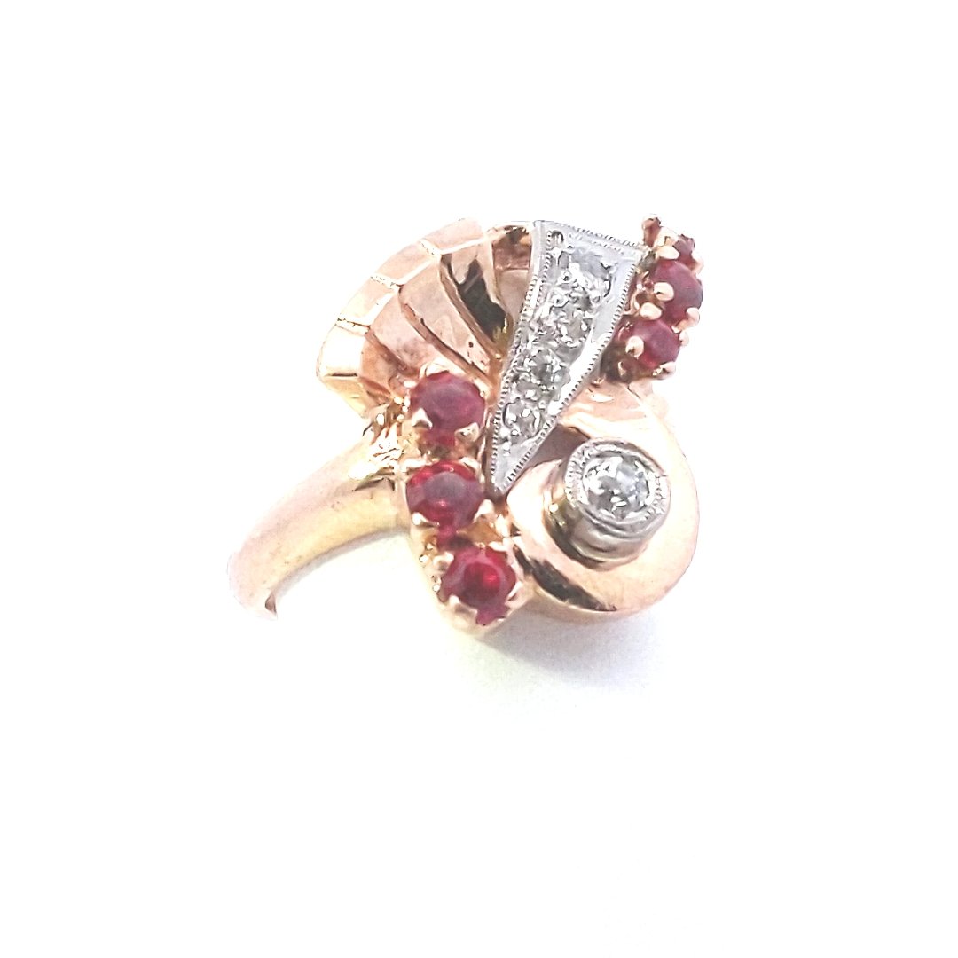 Vintage $1200 14K Rose Gold Retro Natural Diamond Lab Created Ruby Cocktail Ring