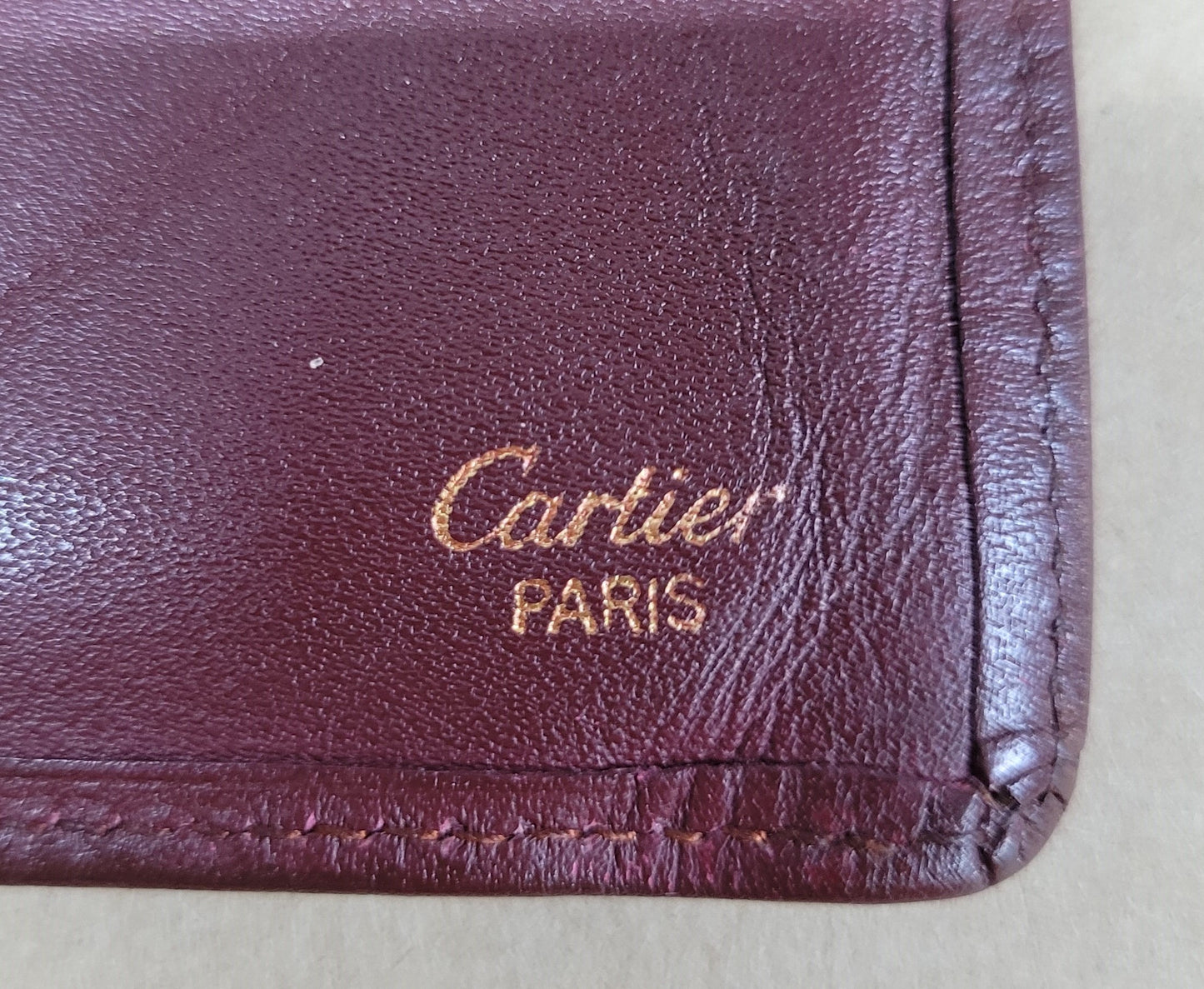Estate $200 Cartier Leather Burgundy Bi-Fold Gold Plated Wallet