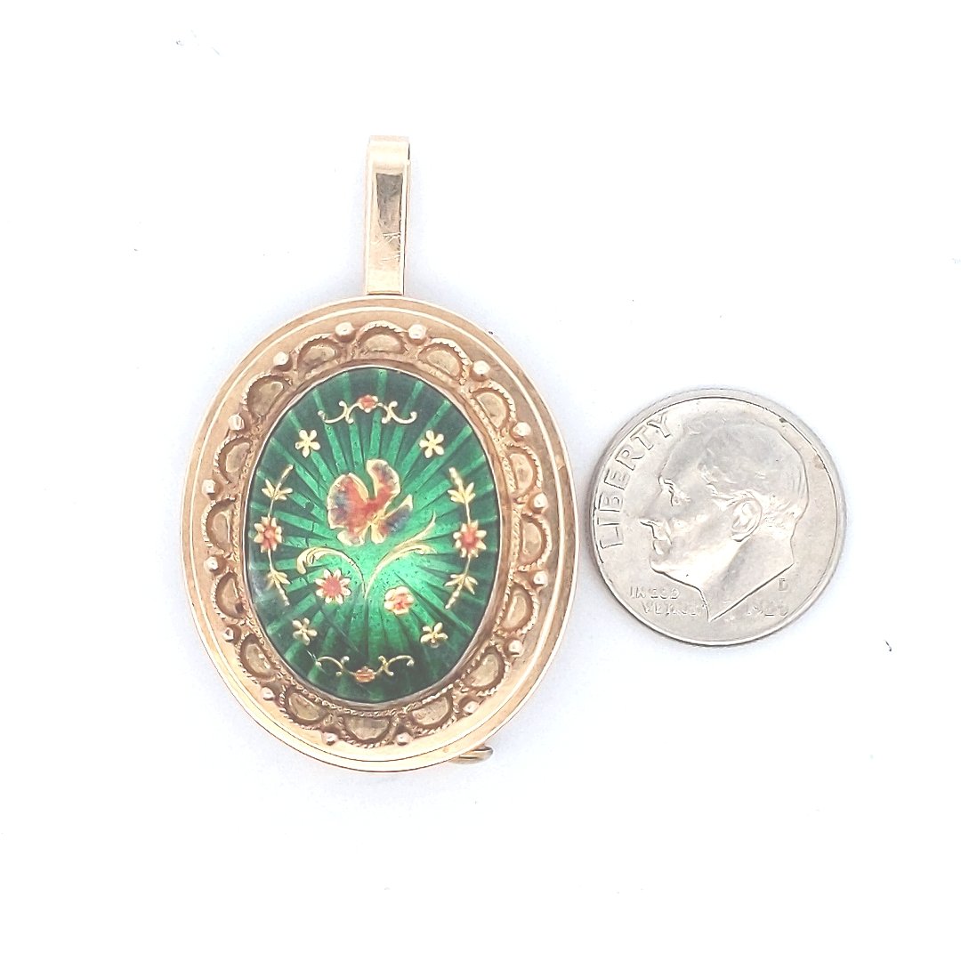Vintage $1300 14K Yellow Gold Green Enamel Red Flower Design Brooch