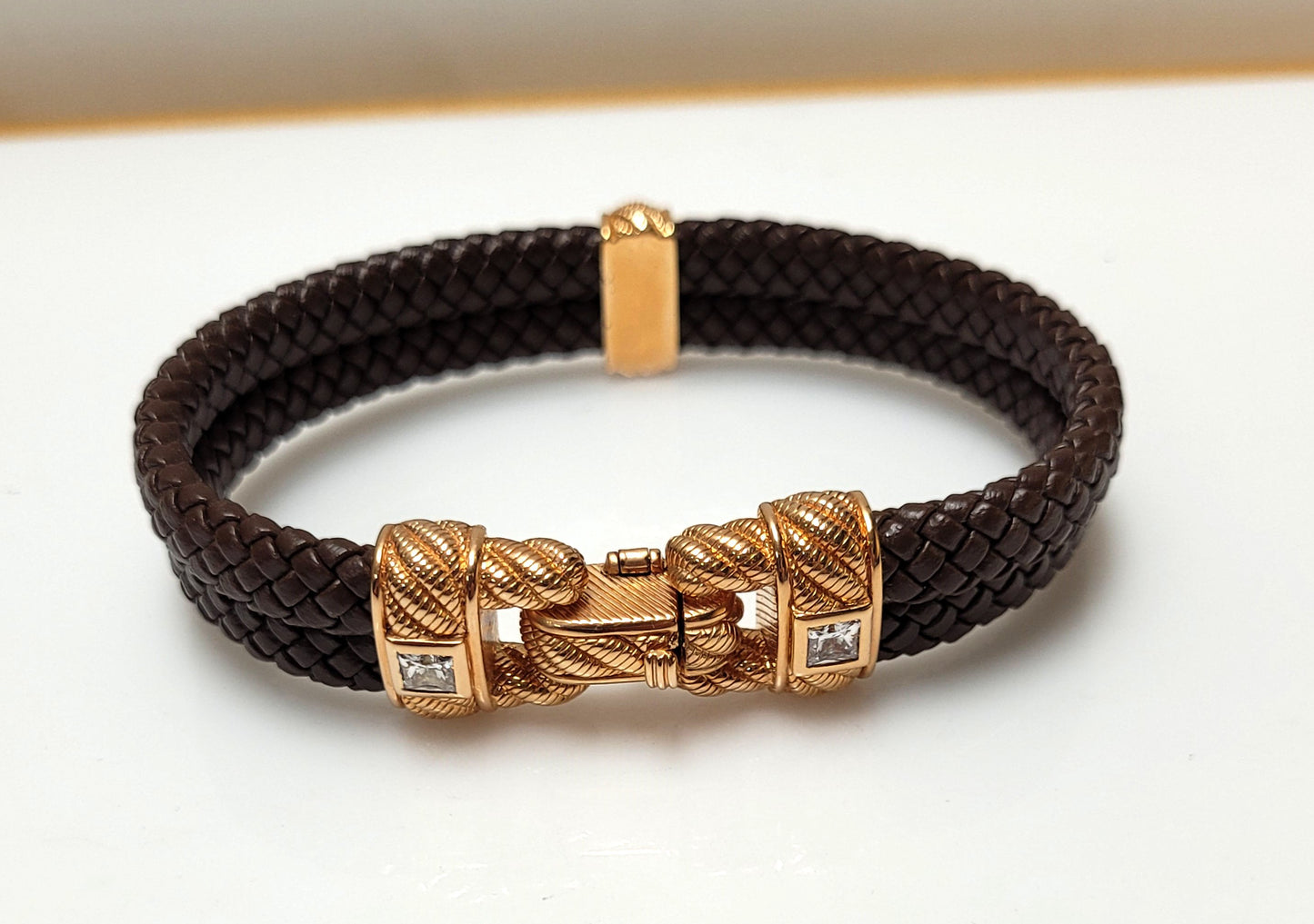 Designer $120 Sterling Rose Gold Vermeil Judith Ripka Brown Leather CZ Bracelet