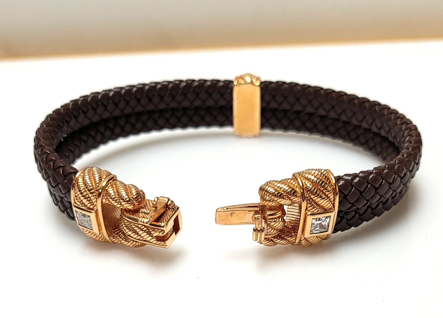 Designer $120 Sterling Rose Gold Vermeil Judith Ripka Brown Leather CZ Bracelet