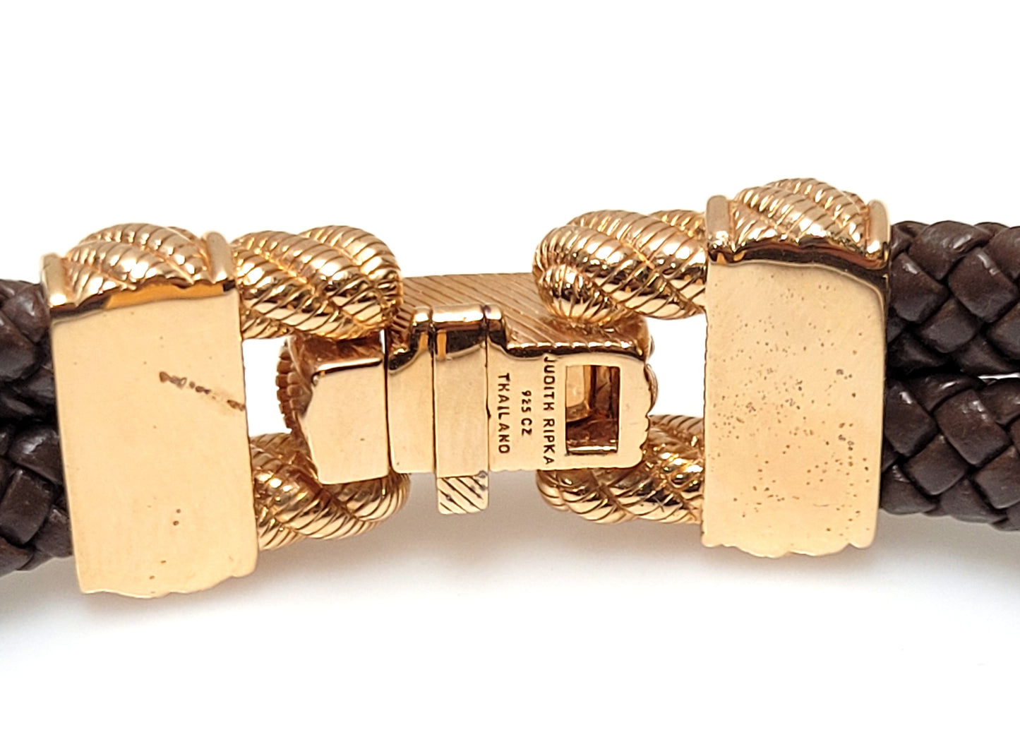 Designer $120 Sterling Rose Gold Vermeil Judith Ripka Brown Leather CZ Bracelet