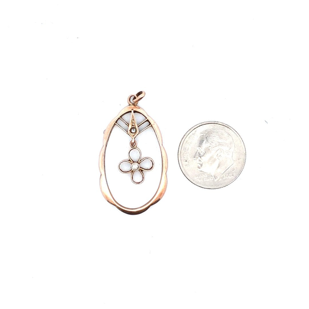 Vintage $200 10K White Gold Seed Pearl Diamond Flower Drop Pendant