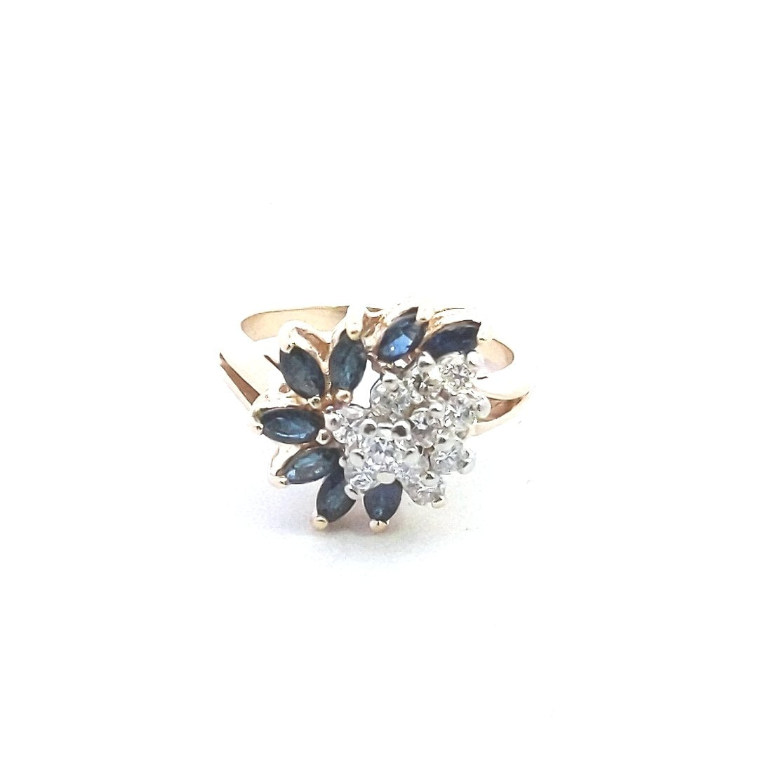 Vintage $700 14K Yellow Gold Sapphire Diamond Spray Ring