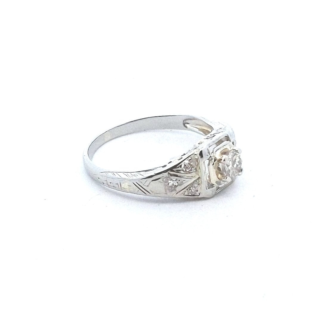 Vintage $500 18K White Gold Deco Diamond Engagement Ring