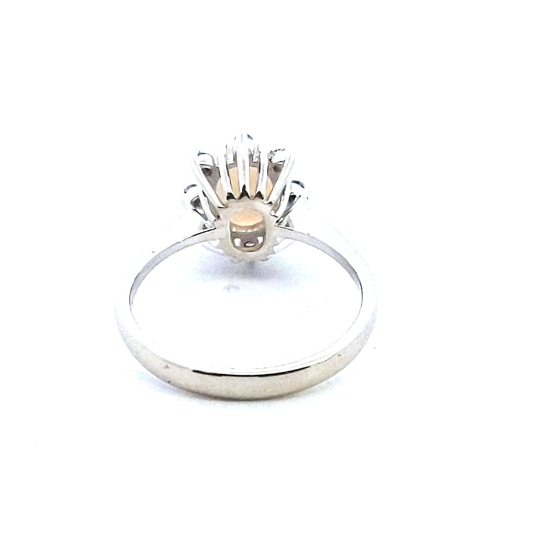 Vintage $390 14K White Gold Oval Opal Diamond Ring