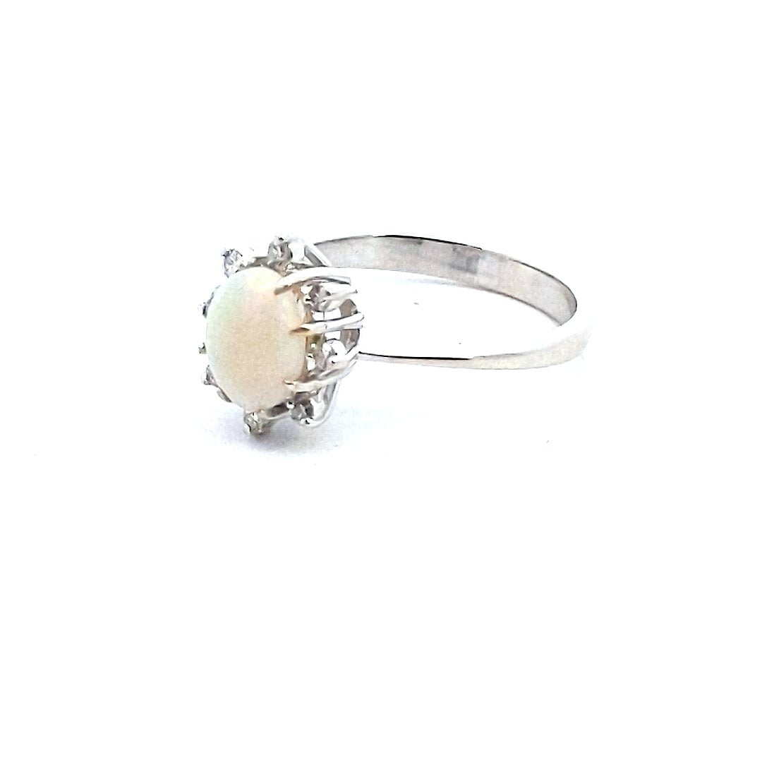 Vintage $390 14K White Gold Oval Opal Diamond Ring