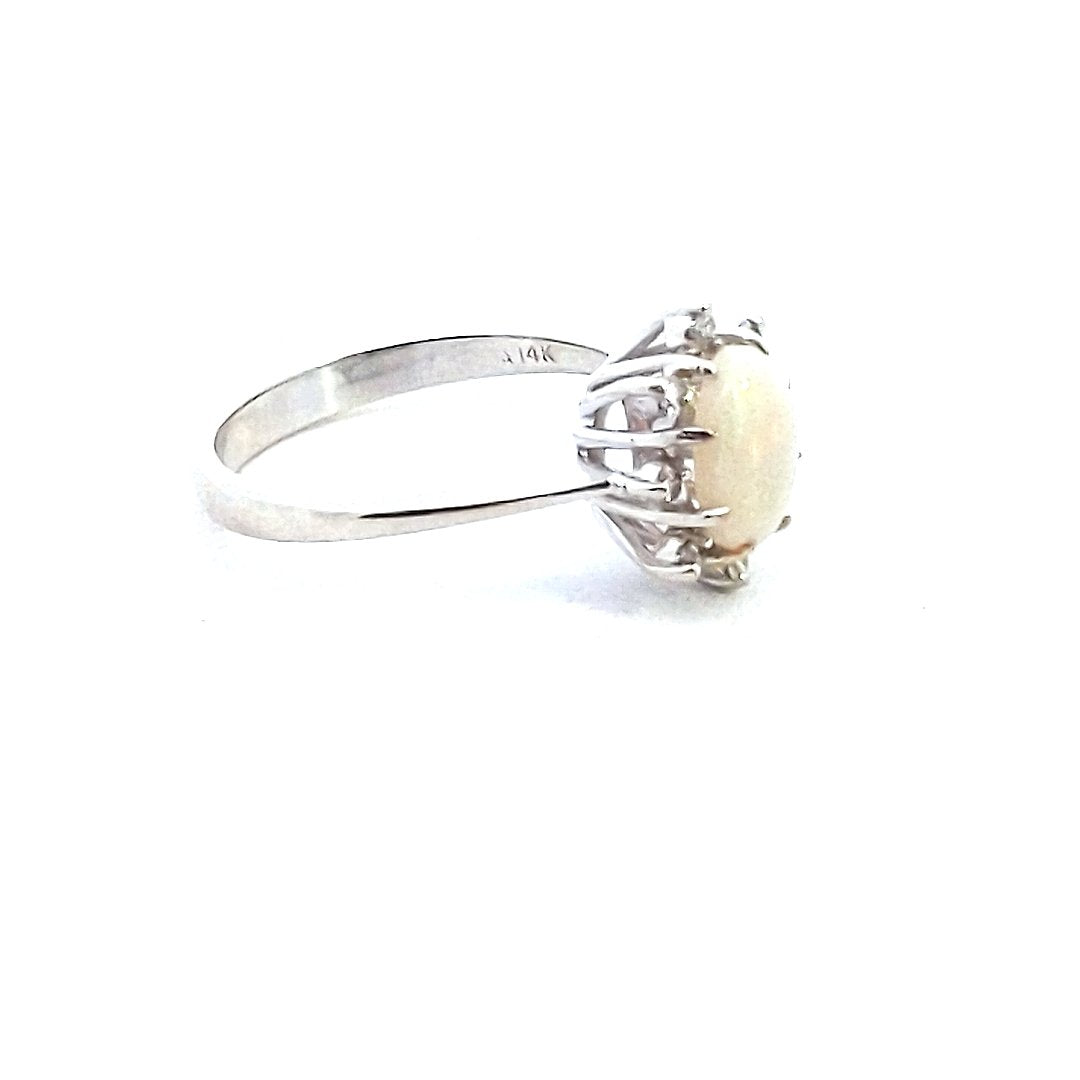 Vintage $390 14K White Gold Oval Opal Diamond Ring