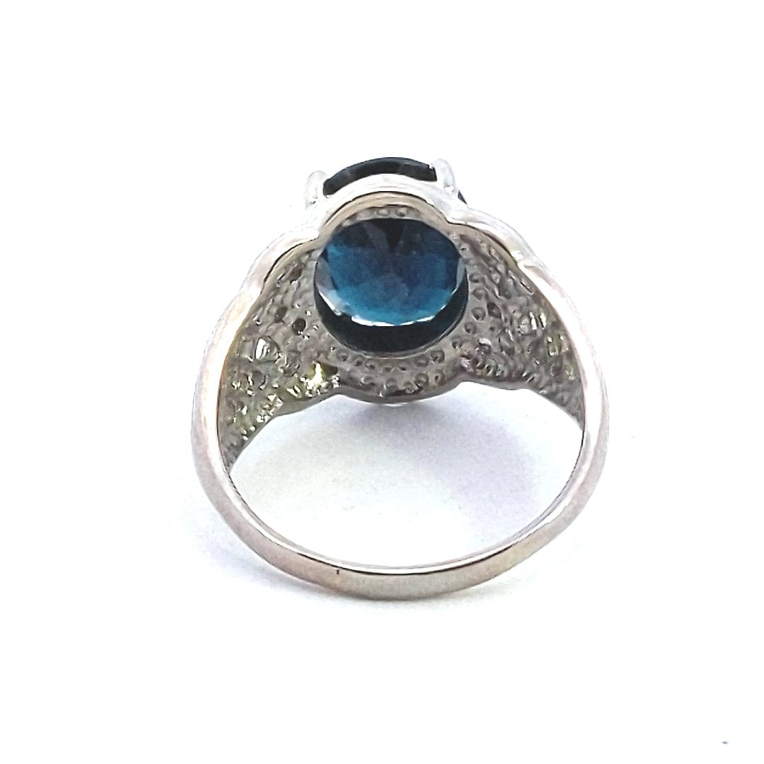Vintage $1300 14K White Gold Lattice Oval Blue Tourmaline Diamond Ring