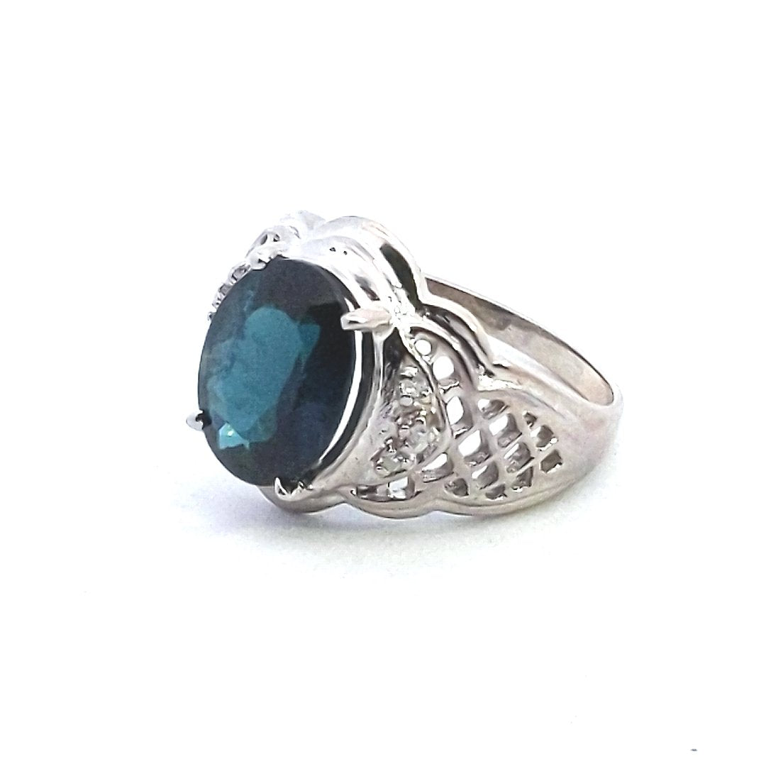 Vintage $1300 14K White Gold Lattice Oval Blue Tourmaline Diamond Ring