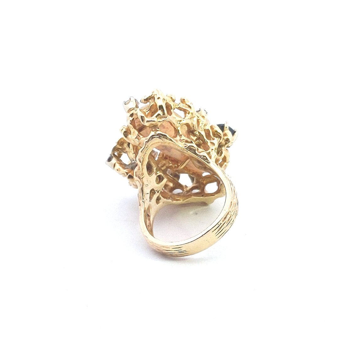 Vintage $4000 14K Yellow Gold Opal Sapphire Diamond Freeform Enamel Flower Ring