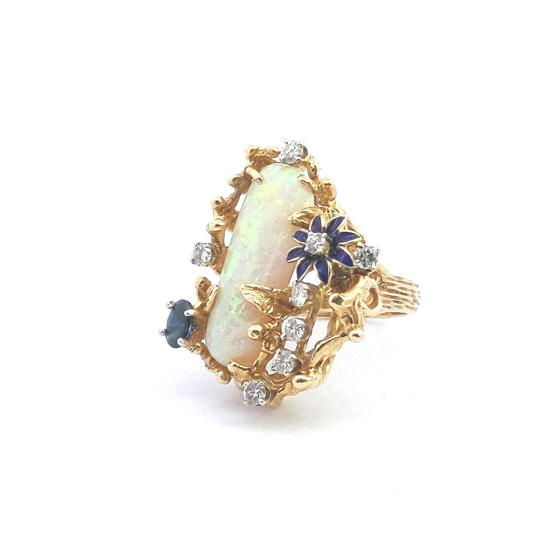 Vintage $4000 14K Yellow Gold Opal Sapphire Diamond Freeform Enamel Flower Ring