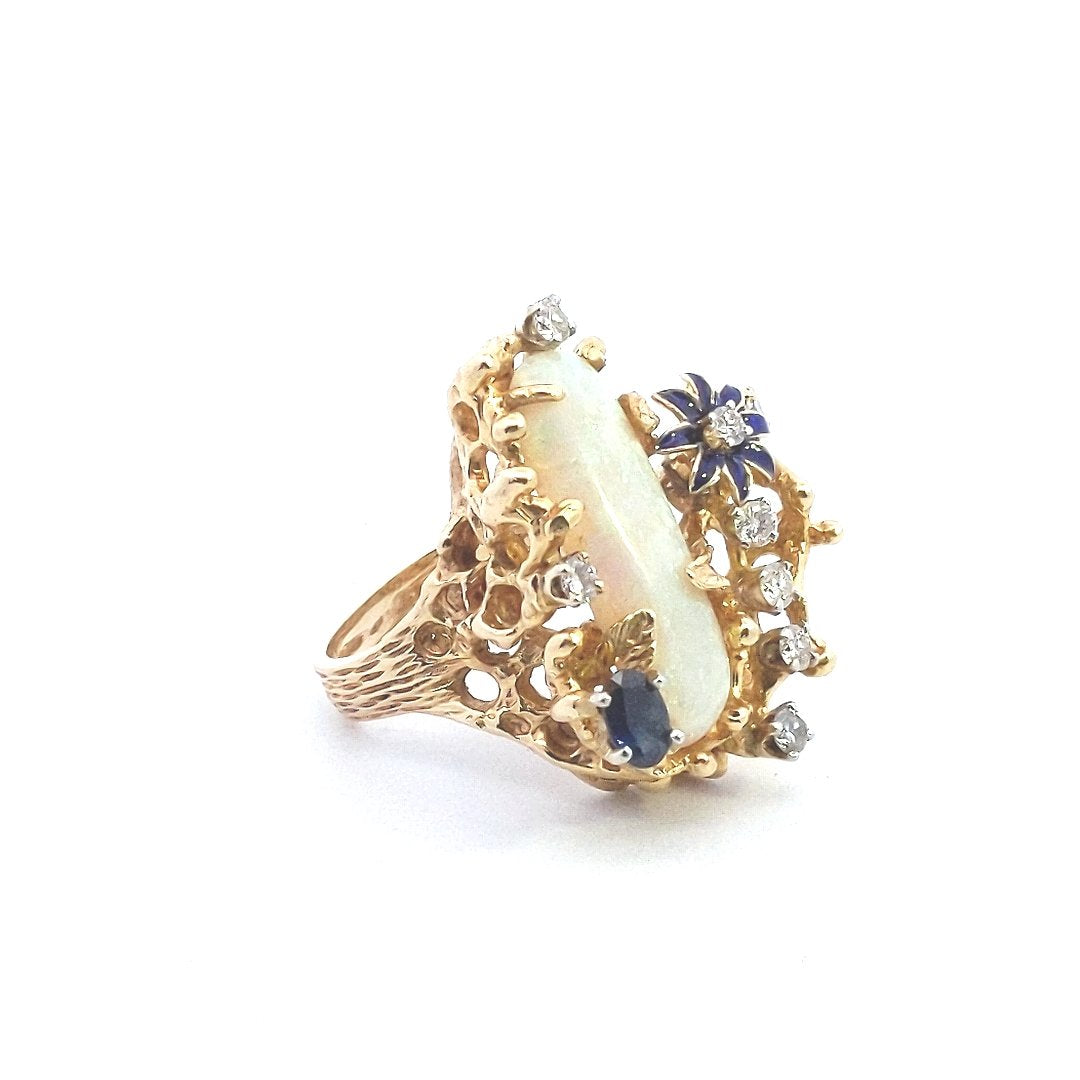 Vintage $4000 14K Yellow Gold Opal Sapphire Diamond Freeform Enamel Flower Ring