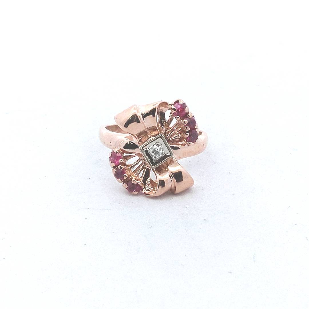 Vintage $500 14K Rose Gold Lab Ruby Natural Diamond Boco Ring