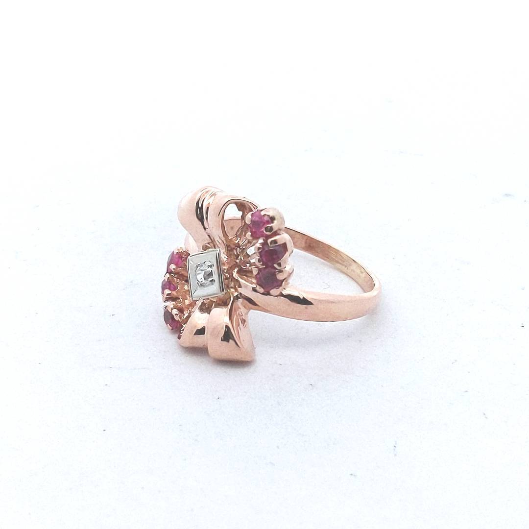 Vintage $500 14K Rose Gold Lab Ruby Natural Diamond Boco Ring