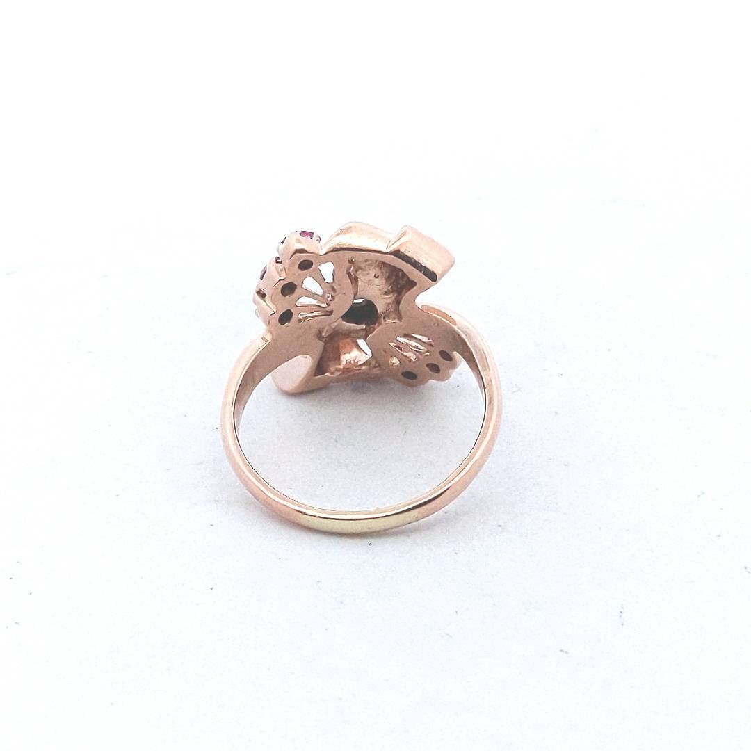 Vintage $500 14K Rose Gold Lab Ruby Natural Diamond Boco Ring
