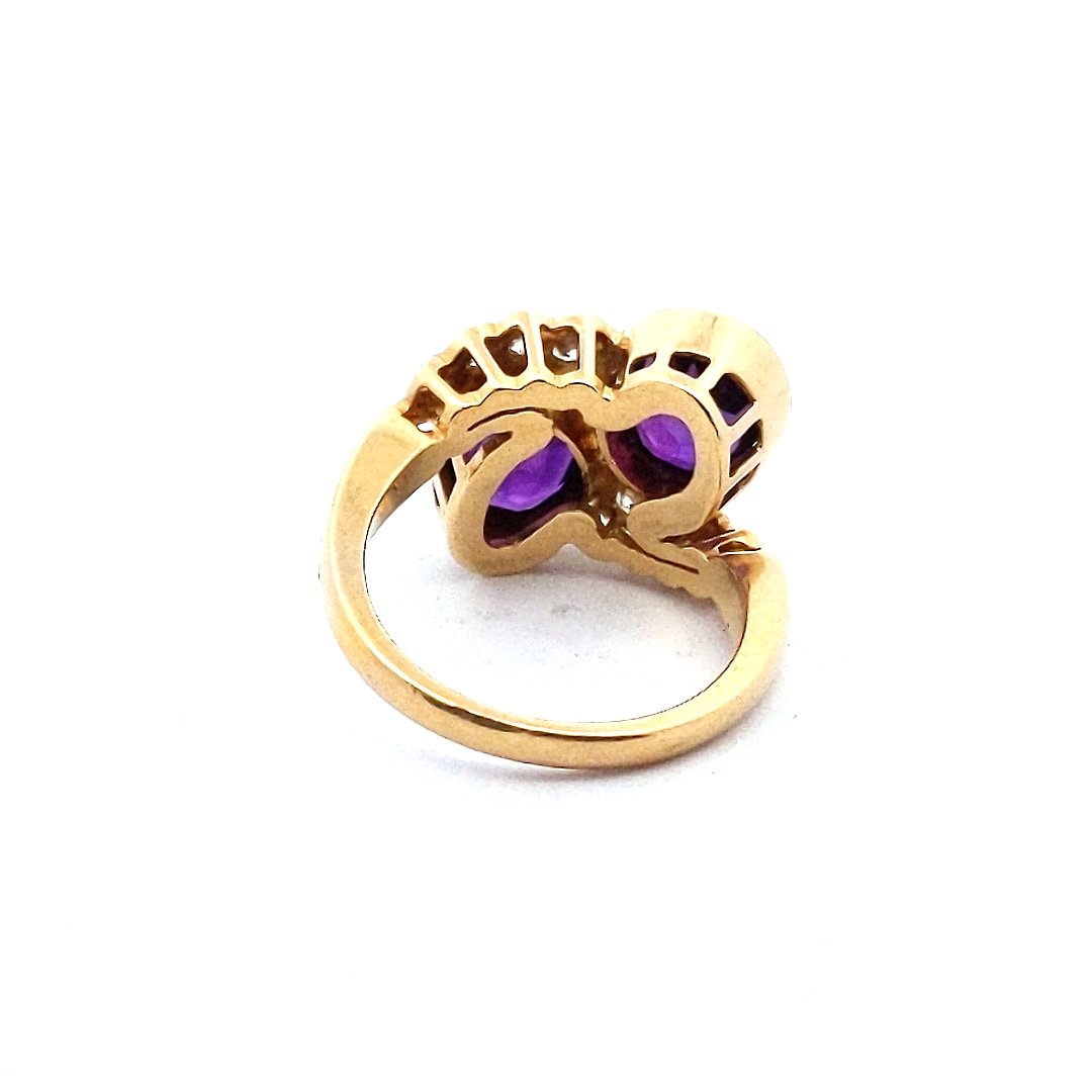 Estate 18K Yellow Gold Oval Amethyst Diamond Bypass Ring