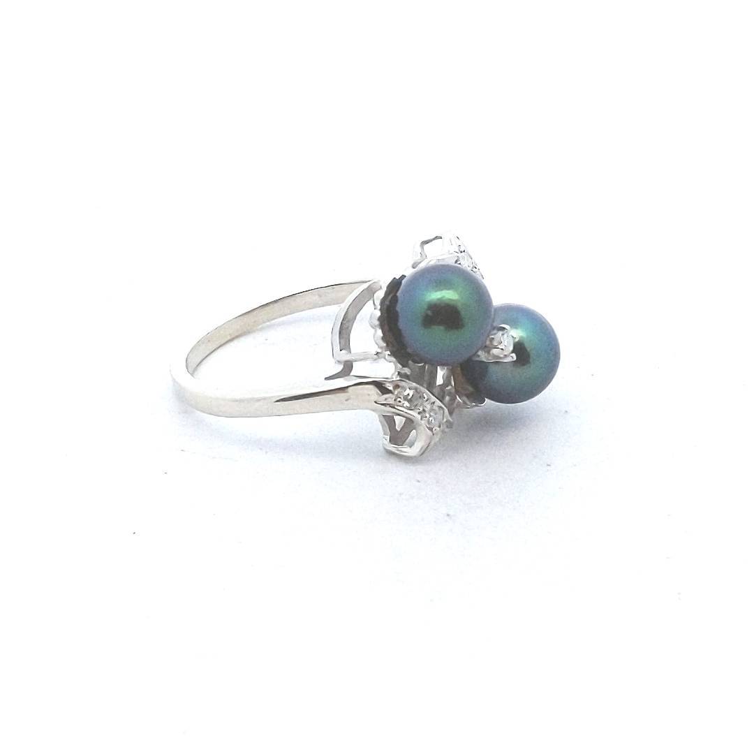 Vintage 14K White Gold Cultured Green/Black Pearl & Diamond Ring