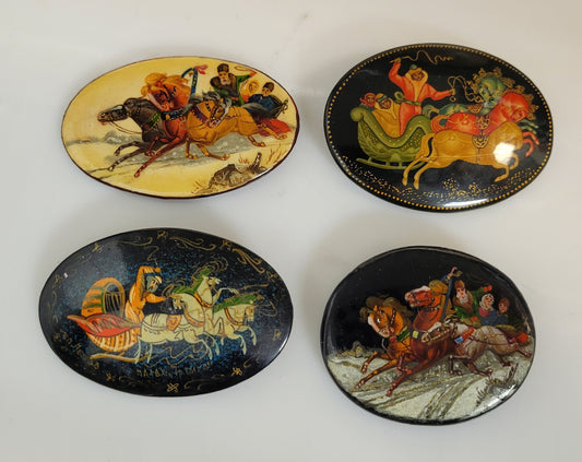 Vintage "Father Winter Wedding" Russian Lacquerware Pins x 4