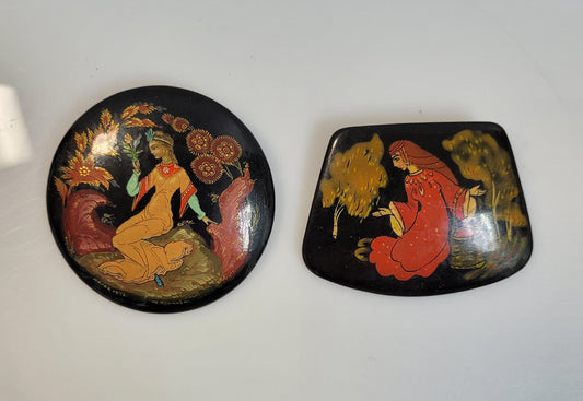 Vintage "Nastya" With Flowers Russian Lacquerware Pins